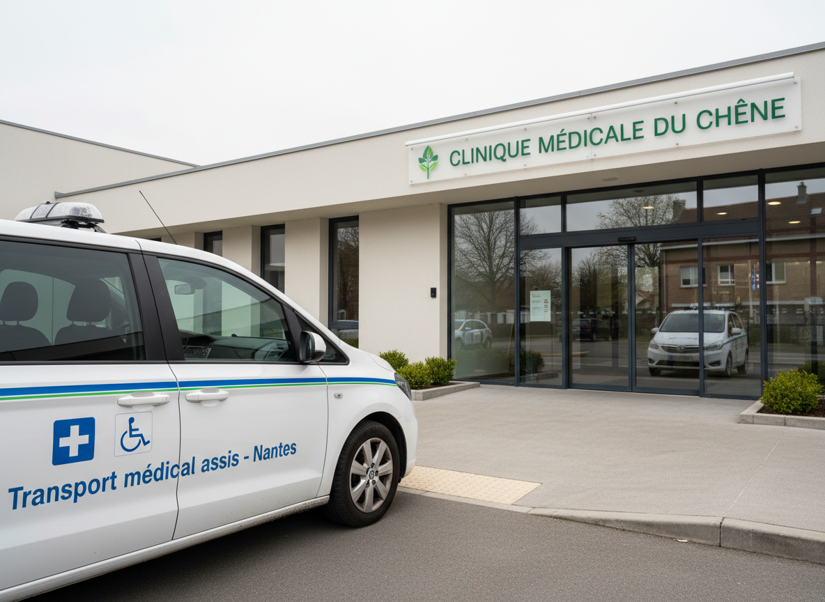 A well-marked medical taxi vehicle stopped in front of a small, modern medical clinic entrance with clear signage, automatic glass doors, and a level, accessible sidewalk. The vehicle displays visible medical transport pictograms and “Transport médical assis – Nantes” in clean typography along the side panel. The setting is a quiet, overcast day, with diffused natural light that softens contrasts and avoids glare on the glass and paintwork. Subtle reflections of nearby trees and buildings appear on the clinic’s façade. The composition is framed using the rule of thirds, with the vehicle in the foreground and the clinic slightly blurred in the background, creating a sense of depth. The atmosphere is calm, efficient, and reassuring, rendered in high-resolution photographic realism suitable for a professional website homepage.