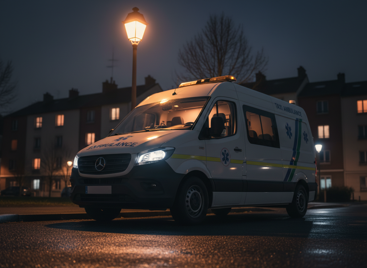 A nighttime scene of a taxi ambulance vehicle ready for urgent yet non-emergency transport, parked safely under a streetlamp in a calm Nantes neighborhood. The white vehicle, with reflective blue and green medical graphics and a small roof light bar, catches the warm glow of the streetlight and the cool tones of nearby building windows. Its headlights and subtle interior lights provide additional soft illumination, casting long, gentle reflections on the slightly wet asphalt. The background buildings are softly out of focus, with a few warm window lights visible. Captured from a low, three-quarter angle to give the vehicle presence and reliability, with controlled depth of field. The mood is reassuring, vigilant, and composed, in a realistic, cinematic photographic style emphasizing 24/7 availability without drama.