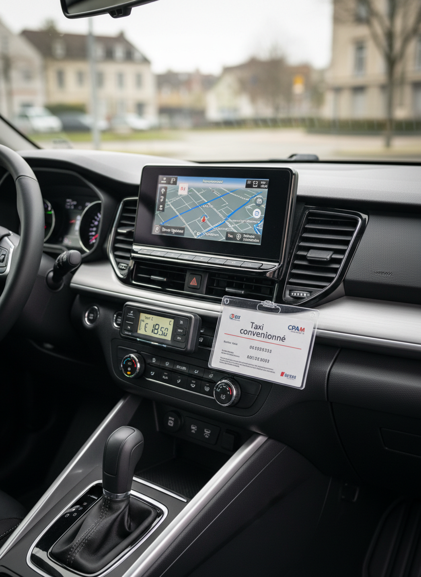 A close-up, detailed view of a dashboard and central console of a taxi conventionné vehicle, showing a modern touchscreen GPS navigation system with a clear route around Nantes, a certified taxi meter with a clean digital display, and a neatly placed authorization card labeled “Taxi conventionné CPAM”. The materials include matte black plastics, brushed metallic accents, and a leather-wrapped steering wheel, all pristine and dust-free. Natural daylight streams through the windscreen, creating subtle reflections on the screen and soft highlights on the controls. The background outside the windshield is softly blurred, hinting at a calm urban environment. Shot from the passenger side at a slight angle, with shallow depth of field that keeps the instruments crisply in focus. The mood is precise, organized, and reassuring, in a realistic photographic style.