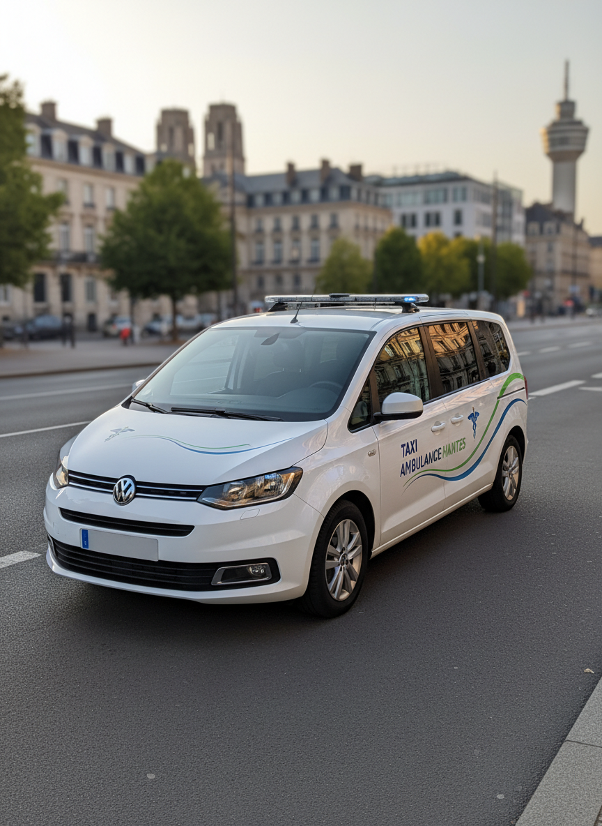 A clean, modern medical taxi vehicle with a discreet ambulance-style light bar on the roof, painted in white with subtle blue and green medical graphics and the words “Taxi Ambulance Nantes” clearly visible on the side. The vehicle is parked neatly at the edge of a wide, calm Nantes boulevard, with recognizable but softly blurred city architecture in the background. Soft late-afternoon natural light reflects gently on the polished bodywork, creating crisp highlights and realistic shadows on the pavement. Photographed at eye level with slight three-quarter front view, sharp focus on the car and shallow depth of field. The mood is reassuring, professional and trustworthy, with photographic realism and a clean, uncluttered composition that feels calm and organized.