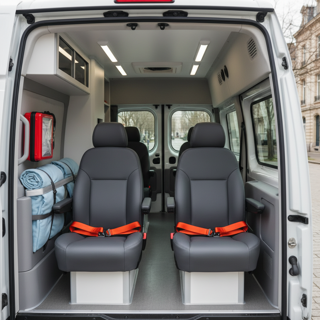 The interior of a meticulously maintained medical transport vehicle designed for transport médical assis (VSL), featuring two wide, dark-grey leather seats with adjustable armrests and integrated safety belts, separated by a spotless central aisle. Surfaces are smooth, easy-to-clean plastics in light grey and white tones, with a neatly organized medical kit and folded blankets secured against the side panel. Soft overhead LED lighting bathes the cabin in an even, gentle glow, eliminating harsh shadows. The vehicle doors are open to a blurred, neutral outdoor background, suggesting a quiet Nantes street. Captured from a slightly elevated angle from the doorway, with sharp focus throughout to emphasize cleanliness, comfort, and order. The photographic style is realistic, modern, and highly professional, conveying safety and reliability.
